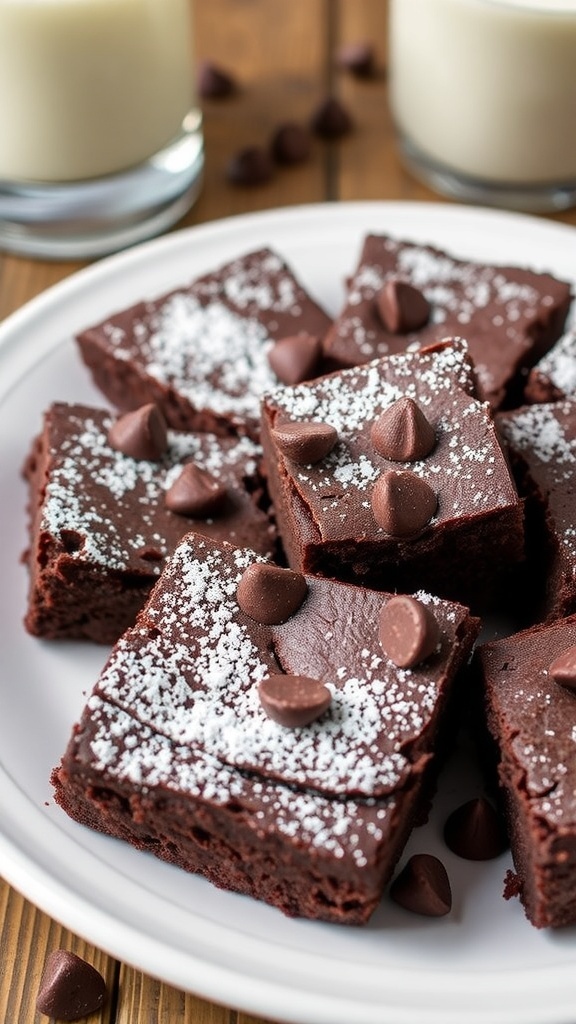 Fudgy chocolate brownies on a plate, dusted with powdered sugar and chocolate chips.